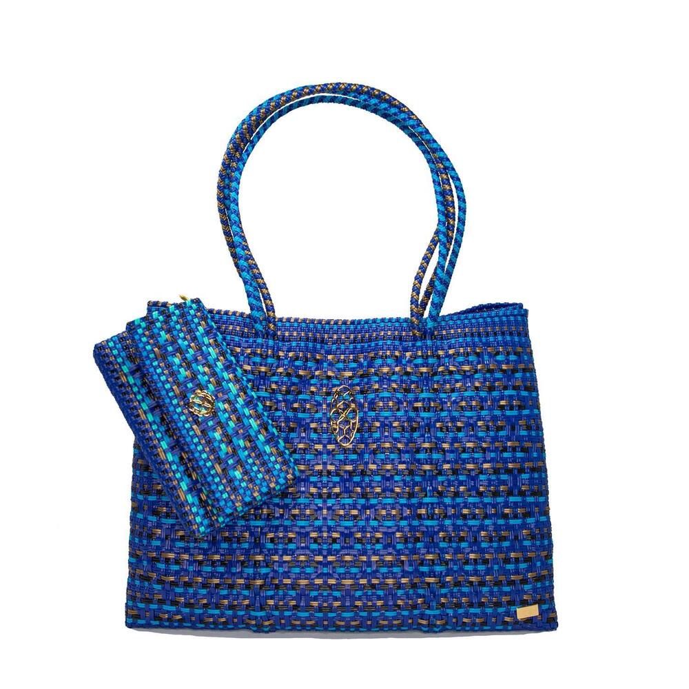 NEW LOLA'S BAG women's travel woven patterned tote bag with clutch in blue